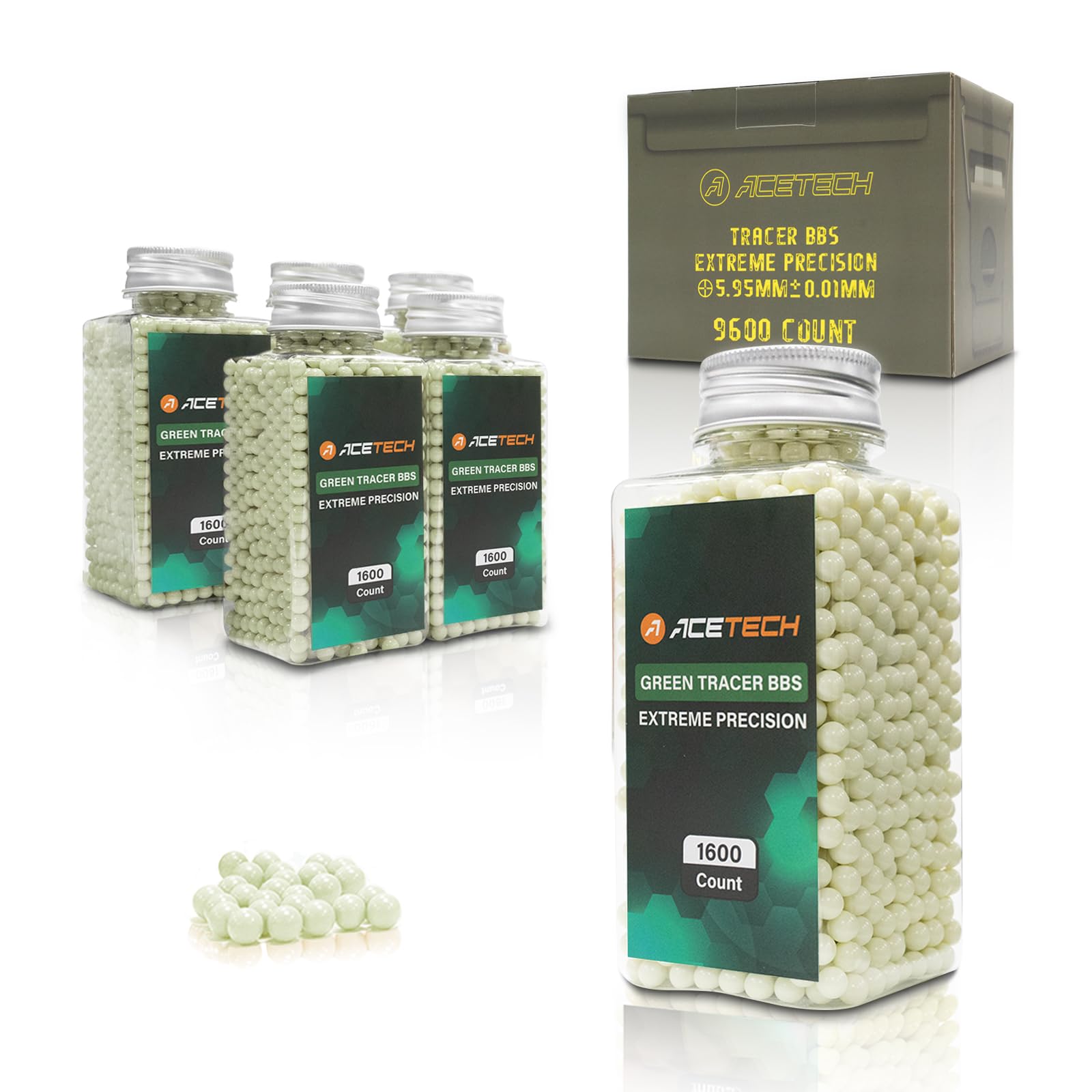 ACETECH Airsoft Gun Glow in Dark Tracer Green Bio (Green 0.2g or 0.25g, 1600CTx6 / Box) (0.25, Grams)