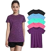 Orrstarry 5 Pack Girls Athletic Shirts Short Sleeve Dry Fit Sports T-Shirts Crew Neck Activewear Tees Tops for Kids Teens