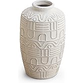 Large White Ceramic Vase - 9.6" H Embossed Decorative Vases for Home Decor, Modern Boho Rustic Table Centerpieces for Living 