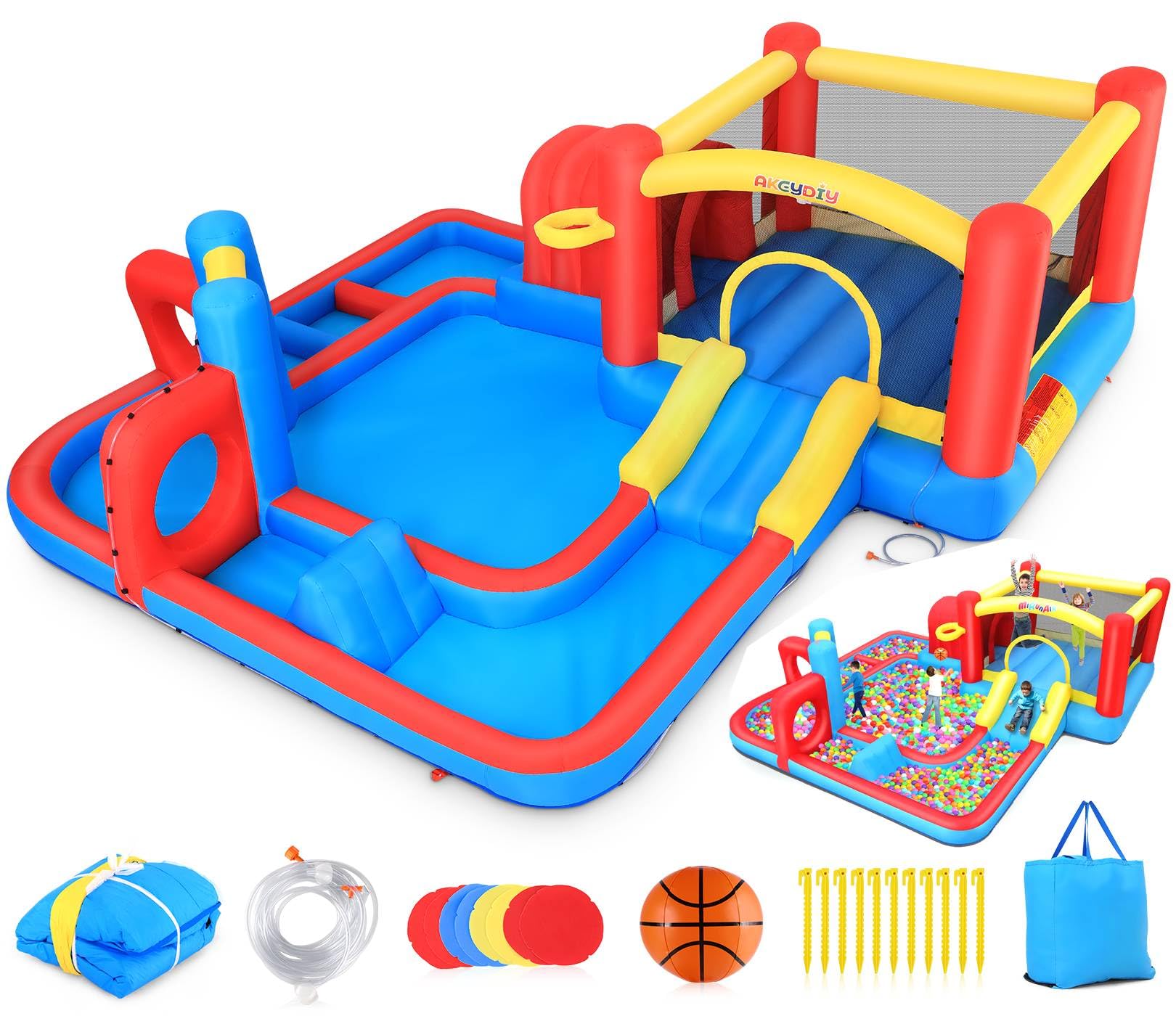 Photo 1 of AKEYDIY Bounce House Water Slide,Obstacle Bounce Castle with Slide & Splash Pool,Inflatable Water Slide Backyard Water Park Water Bounce House with Blower Included for Kids 3-12 Birthday Party Gifts