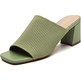 Tilocow Knit Heeled Sandals for Women, Square Open Toe Heels Sandals, Chunky Block Low Heel Slip On Mules