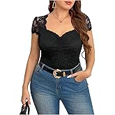 MakeMeChic Women's Plus Size Floral Lace T Shirts Elegant Sweetheart Cap Sleeve Scallop Tops