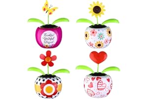 WELECOM 4 Solar Dancing Butterfly Toy Solar Powered Dancing Sun Flower in Colorful Pots Swinging Heart Shape Flip Flap Animated Bobblehead Dancer Window Rose Sun Catcher Car Dashboard Decor