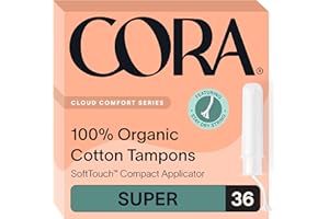 Cora Organic Applicator Tampons | Super Absorbency | 100% Organic Cotton, Unscented, BPA-Free Compact Applicator | Leak Protection, Easy Insertion | Packaging May Vary | 36 Total