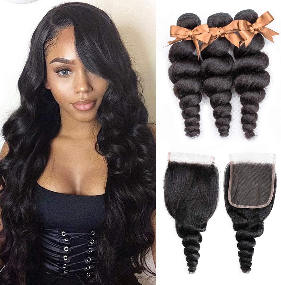 ALLRUN 10A Grade Loose Wave Bundles with Closure Free Part Brazilian Human Hair Loose Wave 3 Bundles with Closure Unprocessed Virgin Hair Extensions Natural Color(12 14 16+10closure)