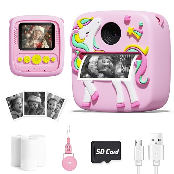LIZZBEY KIDS CAMERA INSTANT PRINT, CHRISTMAS BIRTHDAY GIFT FOR GIRLS 3-12 YEAR OLD, 1080P KIDS DIGITAL CAMERA TOYS WITH UNICORN COVER, TODDLER CAMERA FOR 4 5 6 7 8 9 10 YEAR OLD GIRLS BOYS