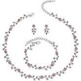 BriLove Wedding Jewelry Set for Women Bride, Gorgeous Stunning Crystal Flower Leaf Cluster Choker Necklace Link Bracelet Stud Earrings Bridal Bridesmaid