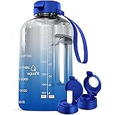 AQUAFIT Half Gallon Water Bottle with Time Marker - Straw & Chug Lid - BPA Free Gym Water Bottle with Straw - Big Gallon Jug (Blue Skies, 64 oz - 2 Lids)