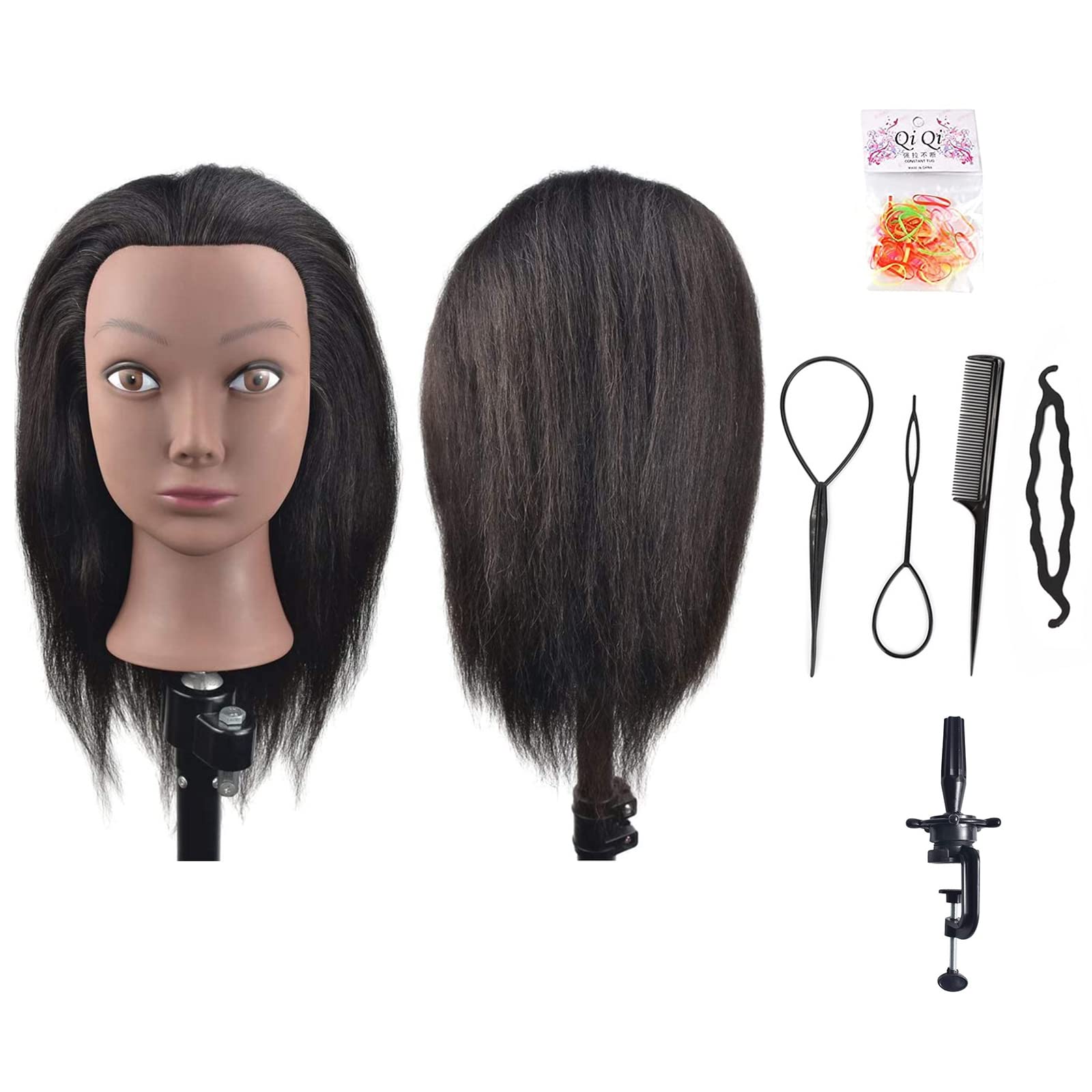 Afro Mannequin Head 100% Real Hair Hairdresser Training Head Manikin Cosmetology Doll Head (Table Clamp Stand Included)