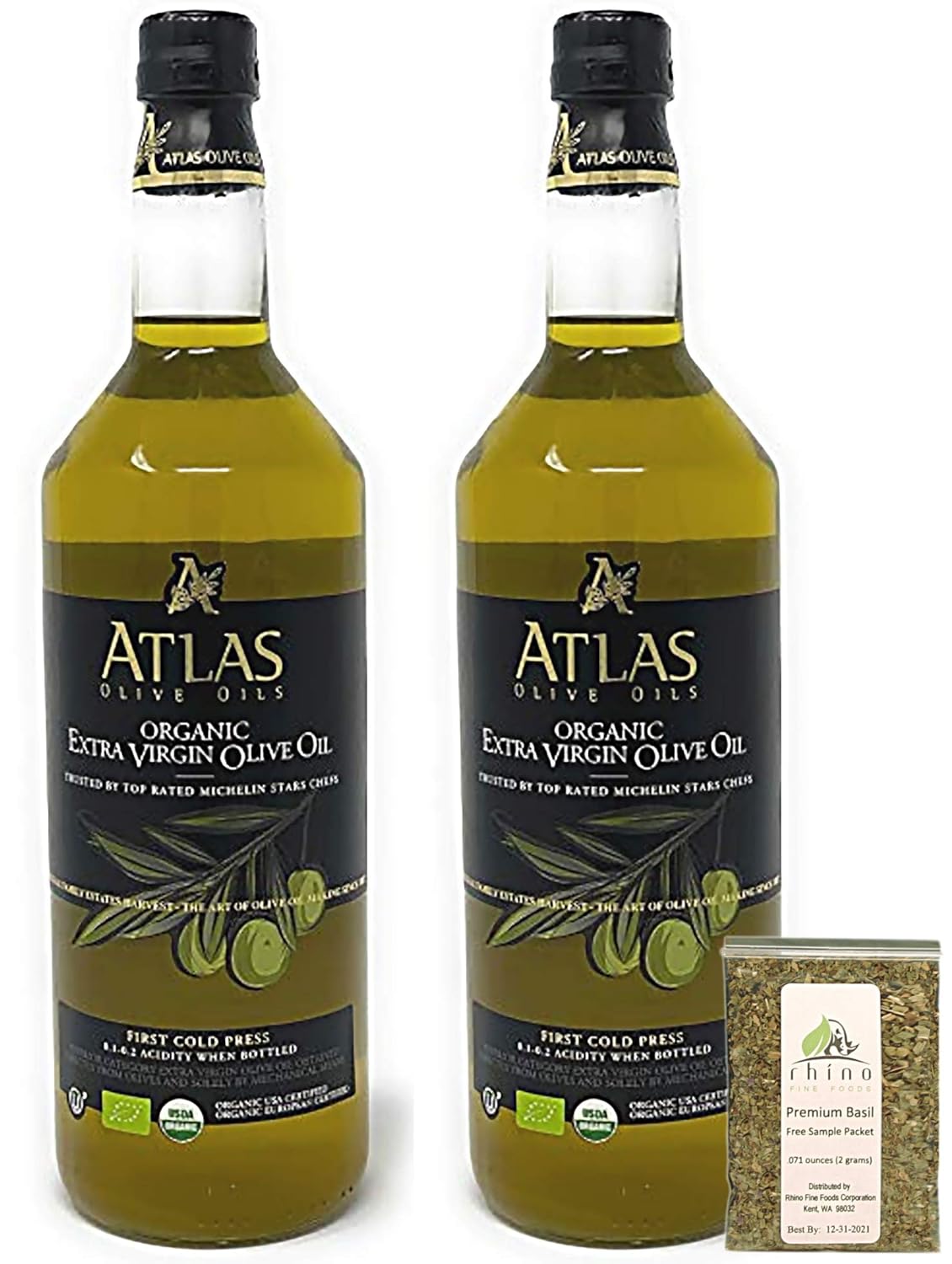 Atlas Olive Oils SARL, Moroccan Organic Extra Virgin Olive Oil (Pack of 2), Imported from Morocco, (1 liter) 33.814 fl oz (each) + Includes-Free Premium Basil Leaves from Rhino Fine Foods, .071 oz