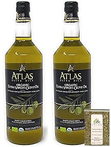 Atlas Olive Oils SARL, Moroccan Organic Extra Virgin Olive Oil (Pack of 2), Imported from Morocco, (1 liter) 33.814 fl oz (each) + Includes-Free Premium Basil Leaves from Rhino Fine Foods, .071 oz