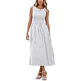 YEXPINE Women's Summer Striped Sleeveless Maxi Dress Smocked Swing A Line Beach Vacation Dress with Pockets
