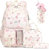 ACESAK Backpack for Girls with Insulated Water Bottle (Floral Bows) | 4PCS Bow Backpack Girls Backpack Bookbag with Lunch Bag, Pencil Case &amp; 14oz Kids Water Bottle with Straw Set