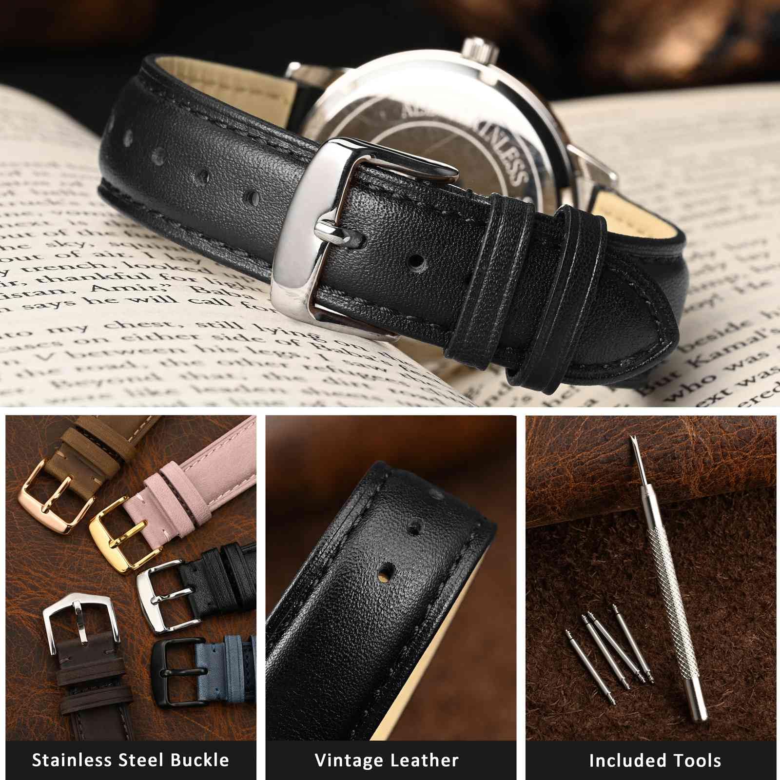 WOCCI 20mm Vintage Leather Watch Band for Men and Women, Silver Buckle (Black)