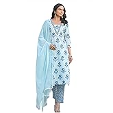 Janasya Indian Women's Cotton Blue Floral Print Casual Wear Kurta Set for Women