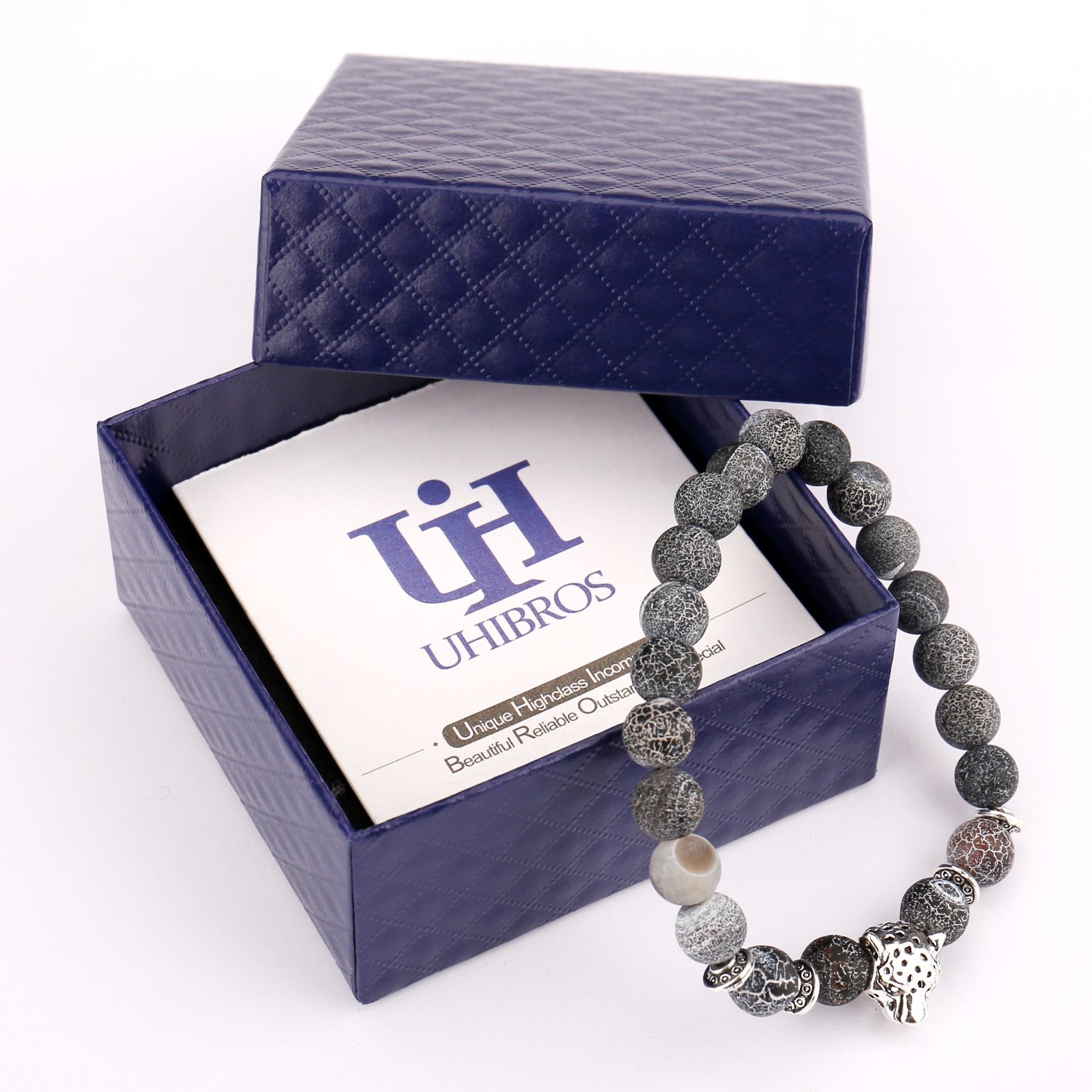 Bead Bracelets,UHIBROS Unisex Natural Tiger Eyes, Black Matte, Weathering Agate Beads Stretch Bracelets With Leopard Head Gold,Silver