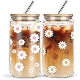 wangxitumug Floral Iced Coffee Cup 2 Set, 16 oz Glass Cups, With Lids and Straws Aesthetic Matcha, Flower Glass Coffee Tumblers for Mama,Birthday Gifts for Women