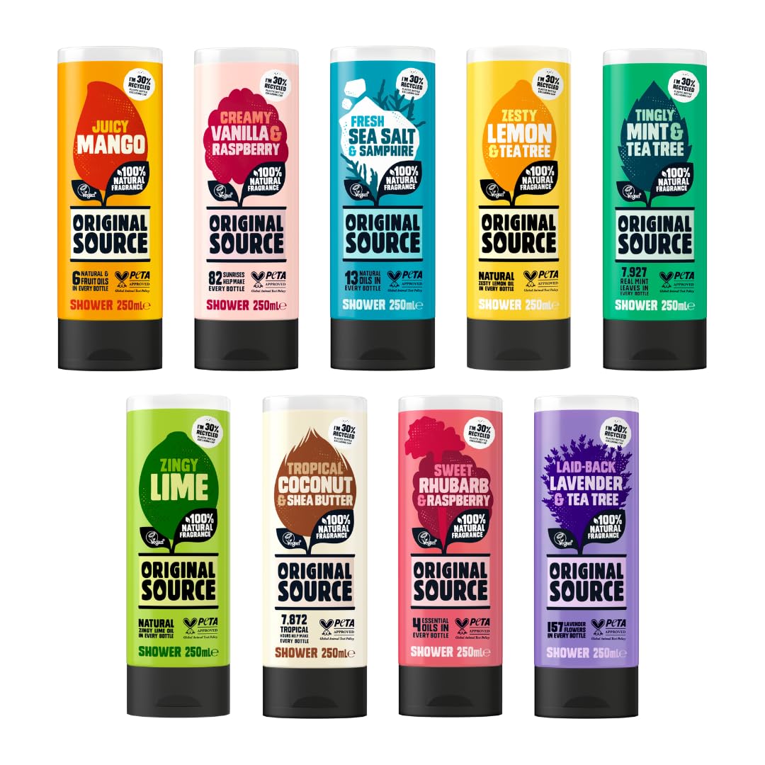 Original Source 4-Pack Shower Gel 250ml. Vegan Womens Shower Gel Made from 100% Natural Fragrances. PETA Certified Cruelty Free Mens Shower Gel (Random 4-Pack Shower Gels).