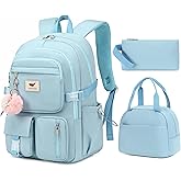 Laptop Backpack 15.6 Inch Elementary Middle High School Bag College Backpacks with Lunch Box Pencil Pouch 3 PCS Set Travel Bookbags for Teens Girls Women Students (Blue)