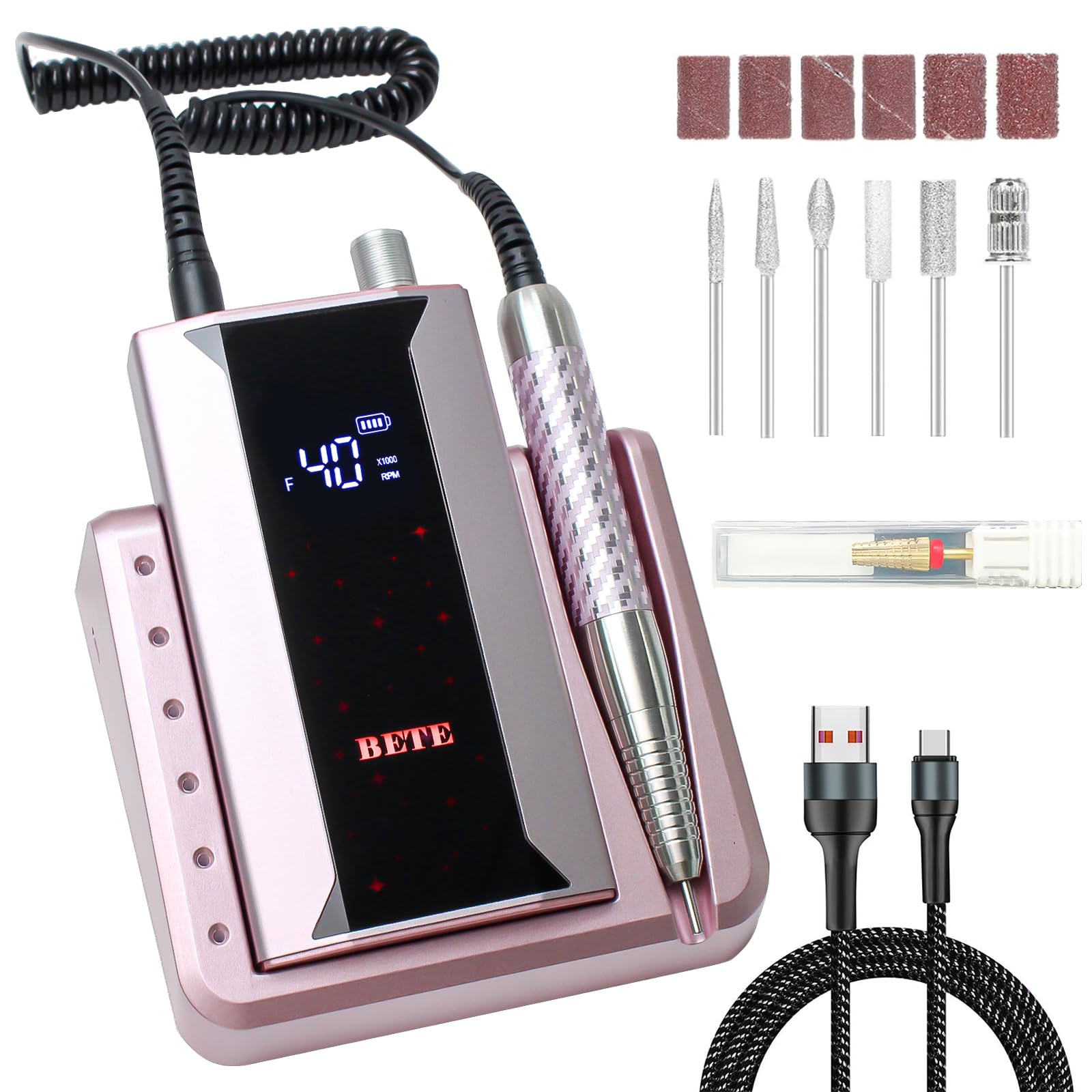 Photo 1 of ** NEED CHARGED / NOT TURNING ON**

BETE Professional Nail Drill Machine, 0-40000RPM Brushless Durable Electric Nail File for Acrylic Gel Nails, Rechargeable Nail Drill with Charging Base with 6pcs Drill Bits for Salon Home, Pink