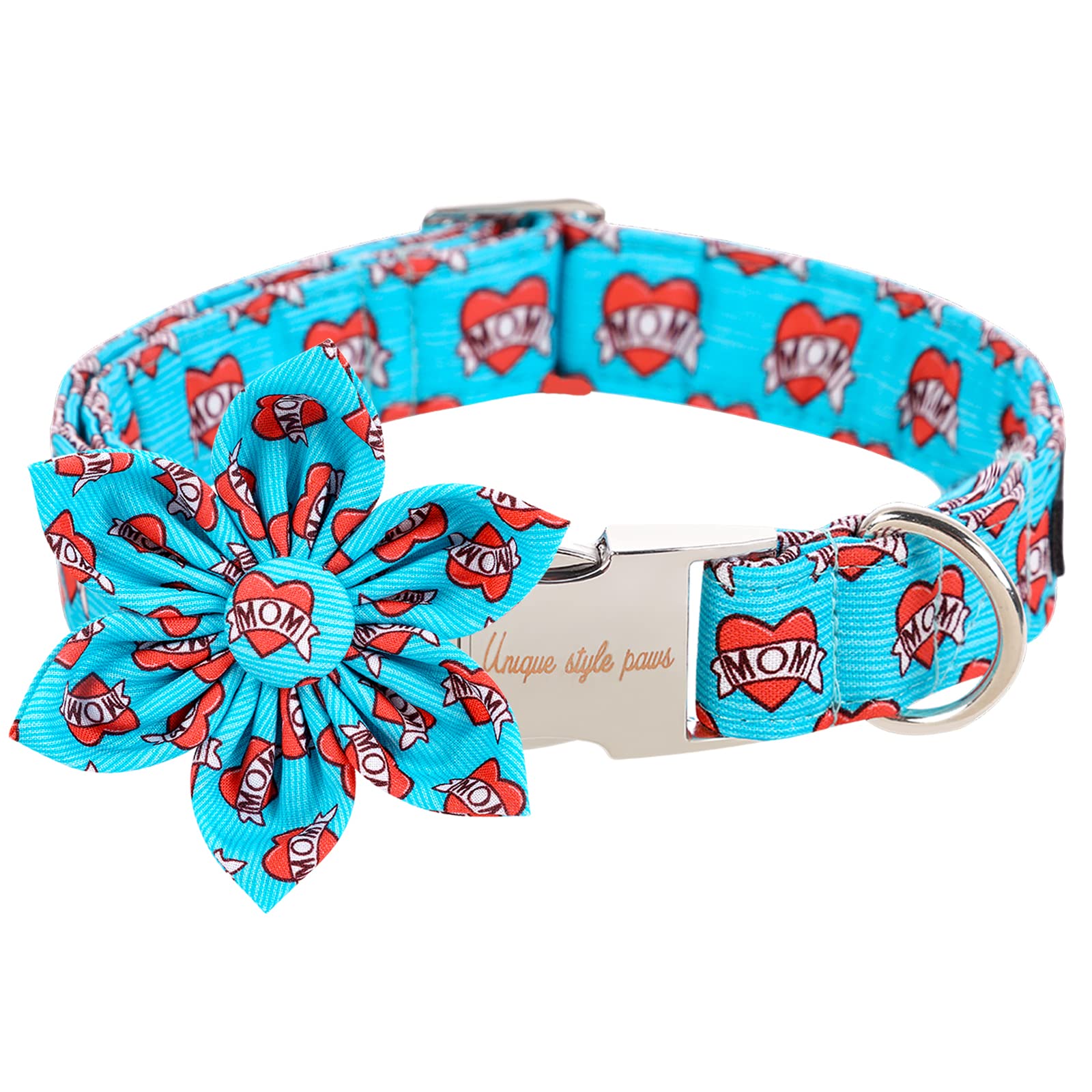 Unique style paws Dog Collar with Flower Tie Blue Heart Puppy Collar Comfy Soft Bowtie Dog Collar Best Gift for Small Medium Large Dogs-XS