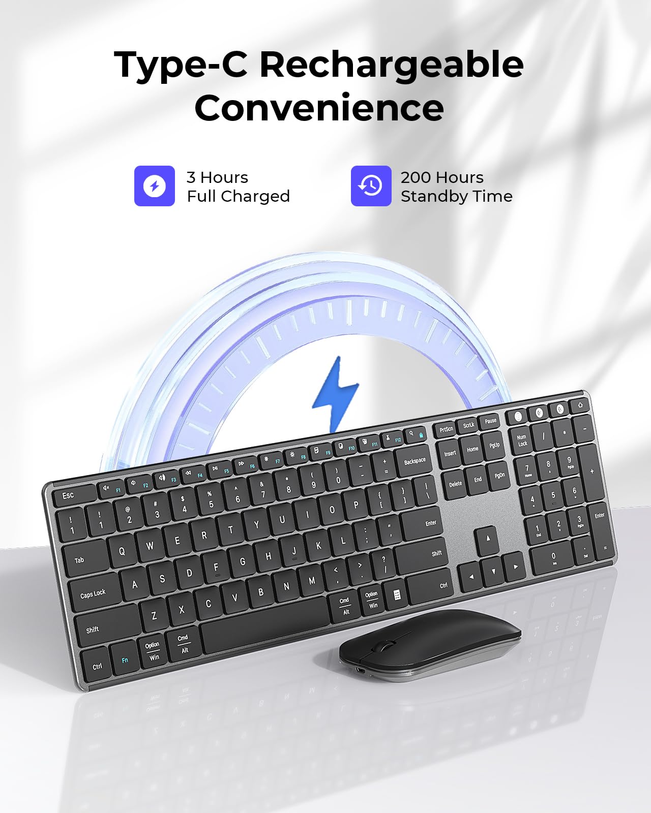 seenda Wireless Bluetooth Keyboard and Mouse Combo (USB + Dual BT), SKM64-3 Multi-Device Rechargeable Slim Keyboard and Mouse, Compatible for Win 7/8/10, MacBook Pro/Air, iPad, Tablet - Black Gray