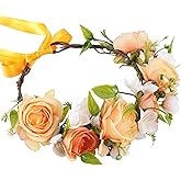 KorViSHOW Yellow Flower Crown Headband, Fairy Orange Rose Floral Headpiece, Adjustable Boho Flower Headband for Women Girls Wedding Festival Vacation Renaissance Party Hair Accessories