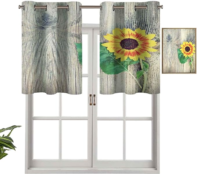 Hiiiman Cortinas cortas, con bloqueo de luz, girasoles en madera vieja