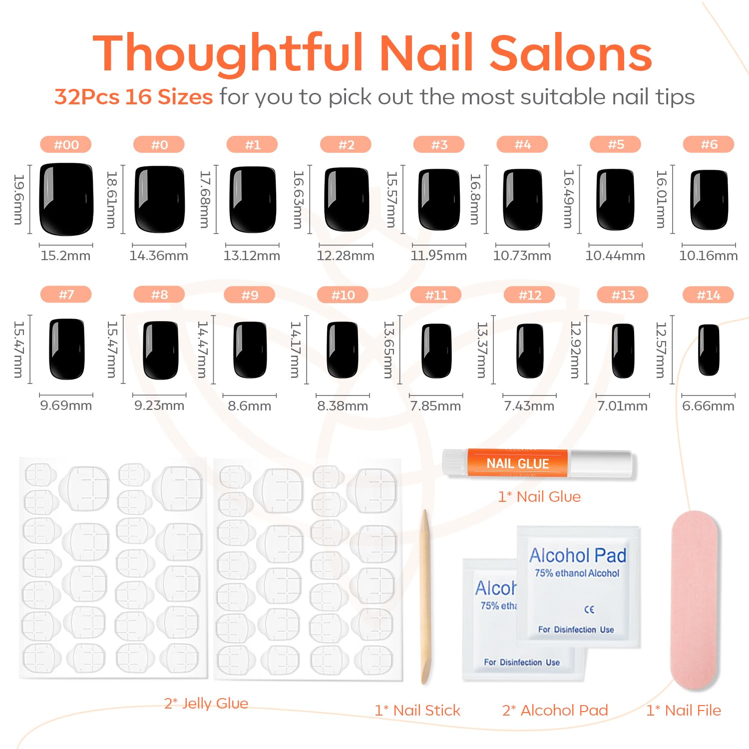 Modelones 32Pcs Black Press on Nails, Upgrade Short Square Fake Nails, Reusable Nail Kit with Nail Glue Adhesive Tabs Mini Nail File, Nails Press Ons 16 Sizes - Image 4