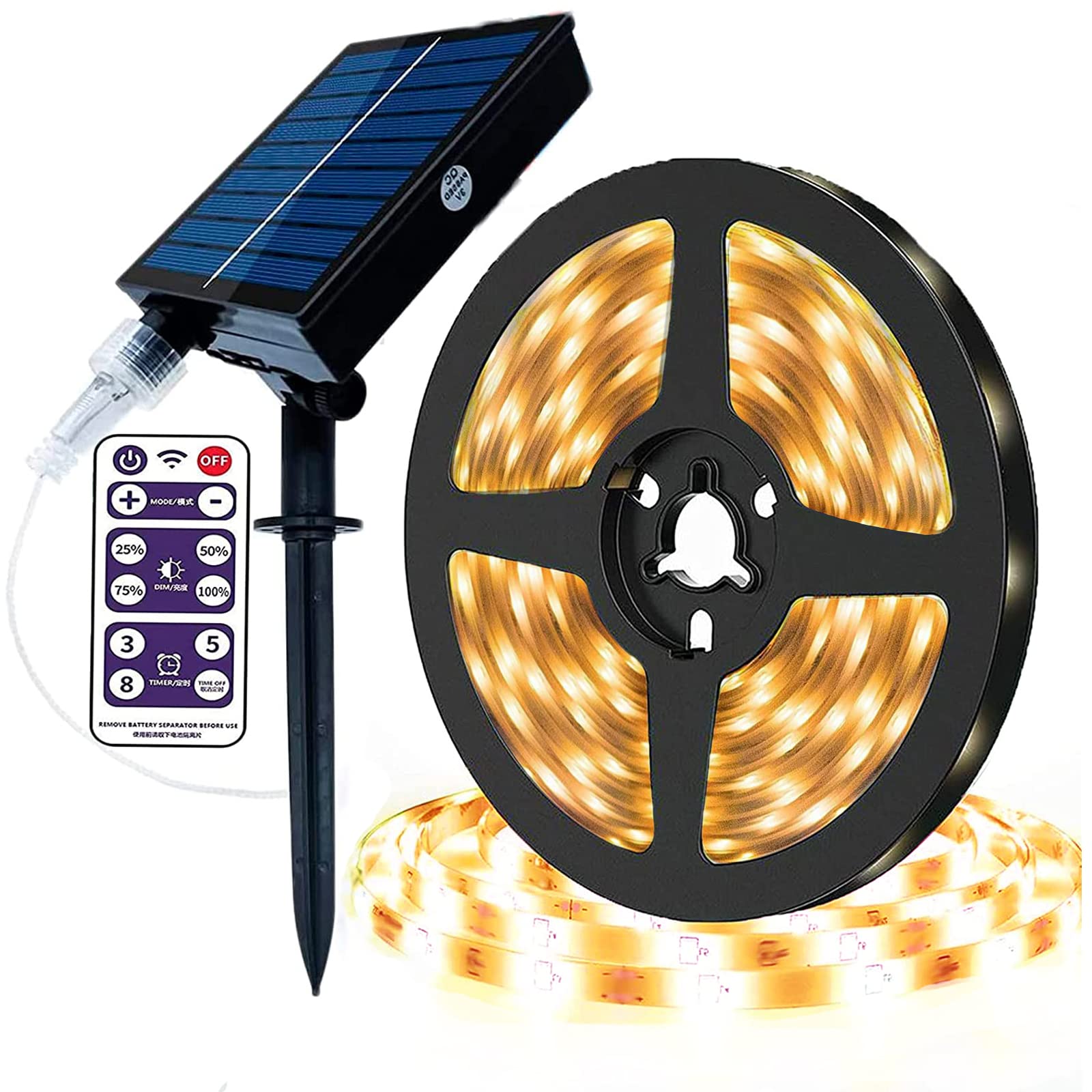 KINGCOO 300LED Solar Strip Lights Outdoor, Waterproof 5M Flexible LED Ribbon Rope String Light 8Modes Remote for Garden Pathway Christmas Wedding Party Umbrella Courtyard Decoration(Warm White) — image 1