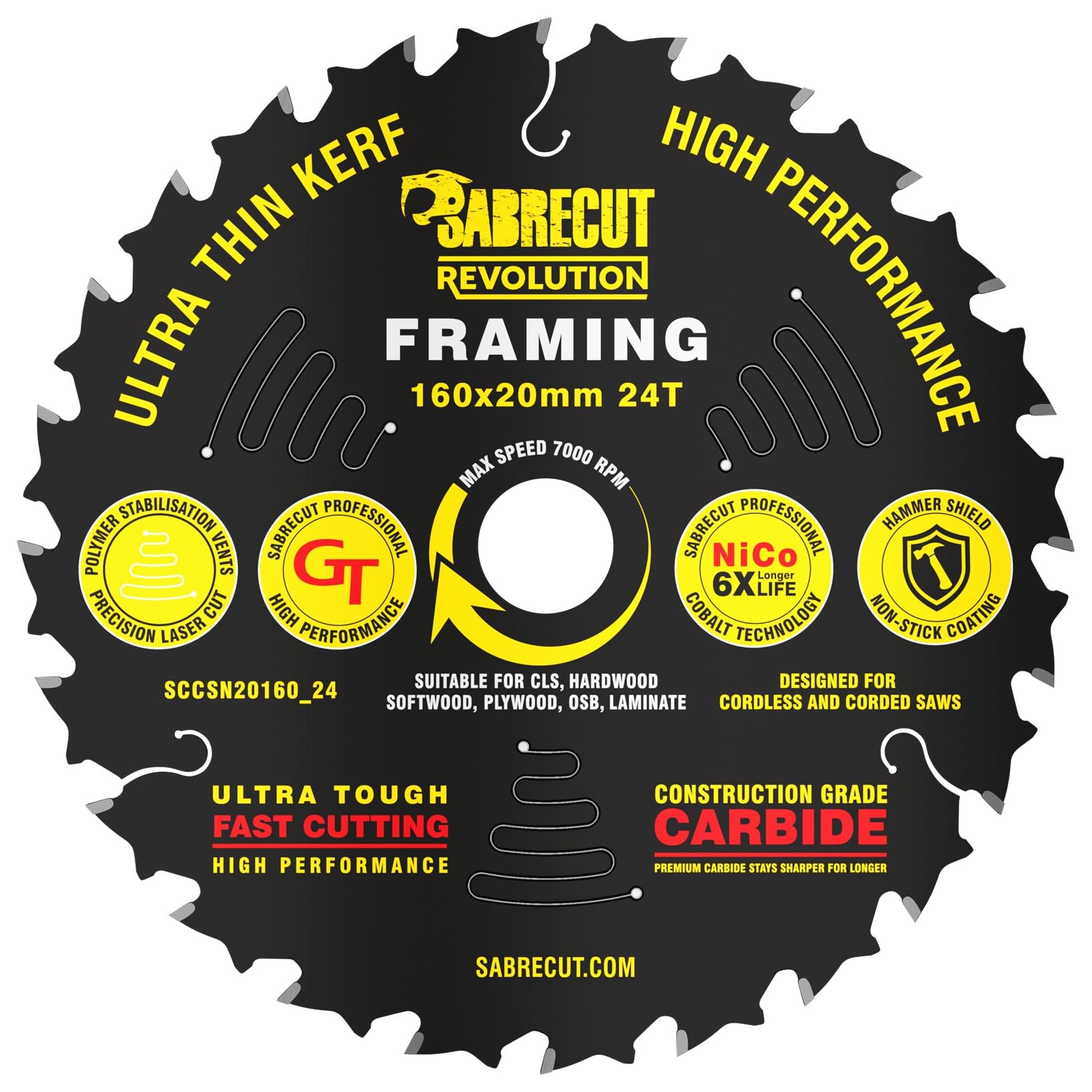 1 x SCCSN20160_24 SabreCut 160mm 24T x 20mm Bore High Performance Ultra Thin Kerf Wood Plywood MDF Chipboard Framing Circular Saw Blade