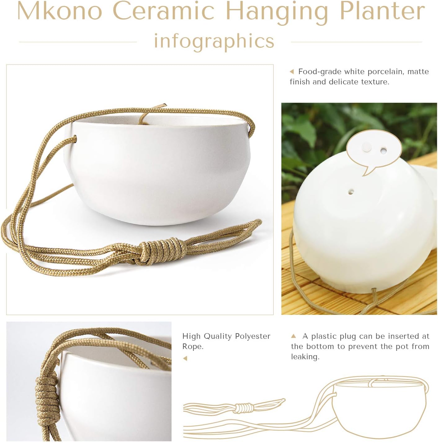 Mkono Ceramic Hanging Planter of Shallow 8 Inch and Deep 6 Inch for Indoor Outdoor Plants, Set of 2 Modern Plant Pot Geometric Porcelain Hanging Basket with Polyester Rope Hanger for Herbs Ferns Ivy: Kitchen & Dining