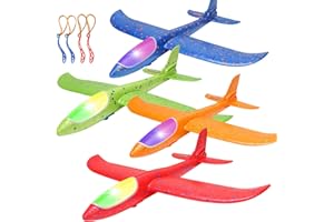 BooTaa 4 Pack LED Foam Airplane,17.5" Large Throwing Foam Plane, 2 Flight Mode Glider, Flying Toy for Kids, Gifts for 3 4 5 6 7 8 9 Years Old Boy, Outdoor Sport Toys Birthday Party Favors