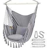 Y- STOP Hammock Chair Hanging Rope Swing, Max 500 Lbs, 2 Cushions Included, Large Macrame Hanging Chair with Pocket for Superior Comfort, with Hardware Kit (Light Grey)