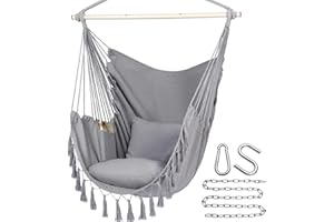 Y- STOP Hammock Chair Hanging Rope Swing, Max 500 Lbs, 2 Cushions Included, Large Macrame Hanging Chair with Pocket for Superior Comfort, with Hardware Kit (Light Grey)
