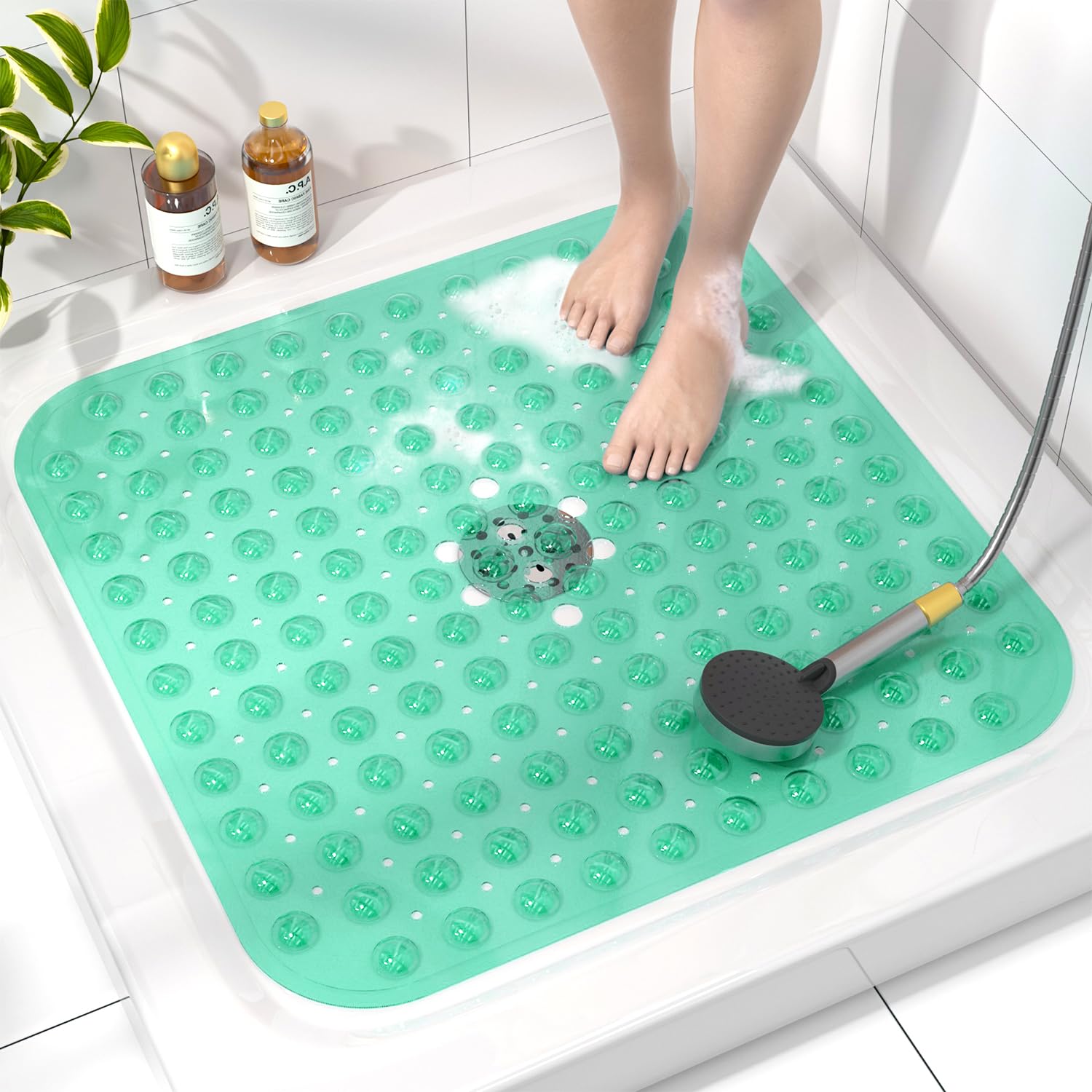 HITSLAM Square Shower Mat Non Slip Anti Mould, 53 x 53cm Bath Mat for Tub with Suction Cups and Drain Holes, Machine Washable Bathroom Anti Slip Shower Mat, Soft on Feet, Green