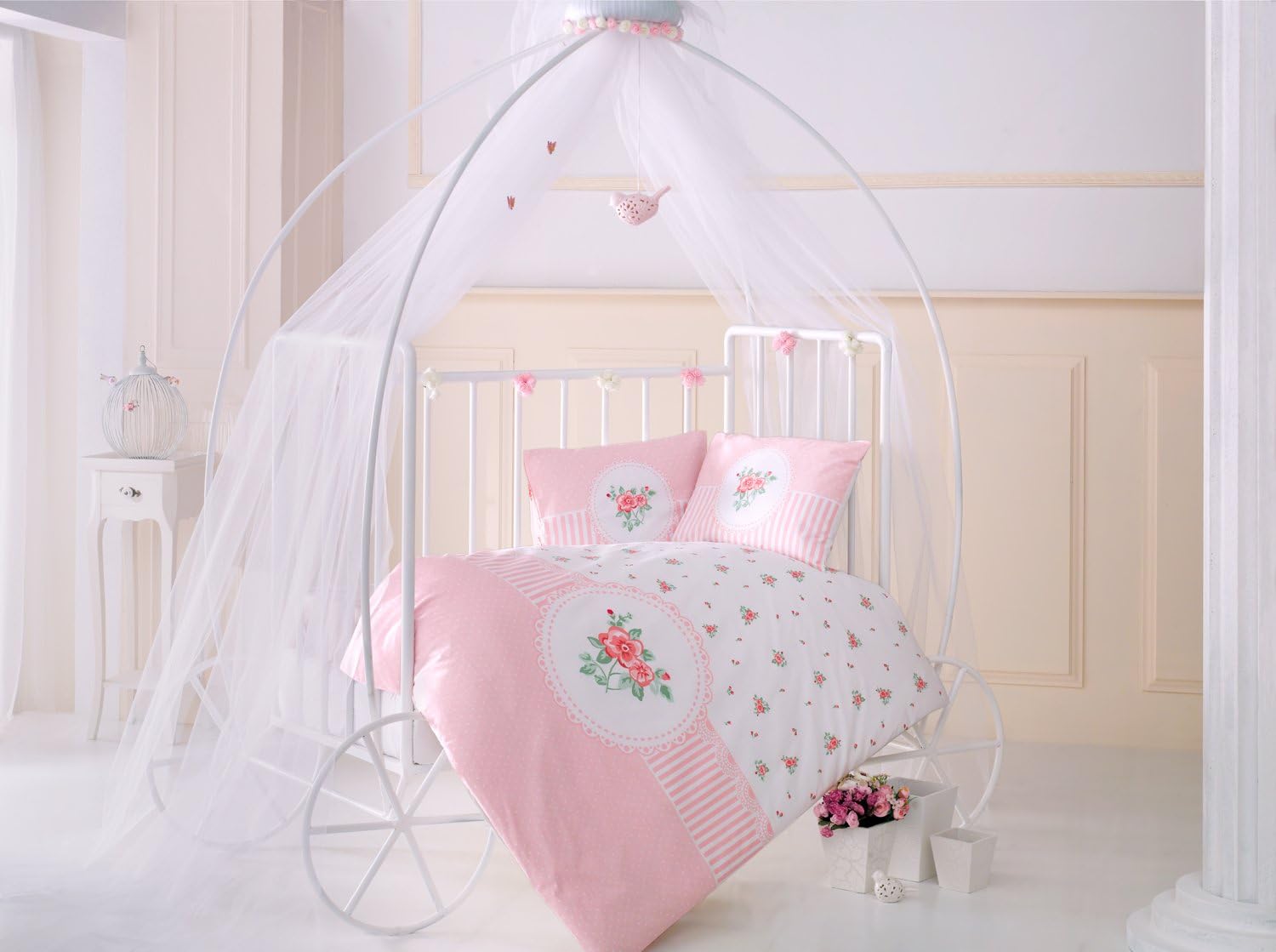 Rosen Pink Flowers Baby Cot Bed Duvet Cover Set, 100% Cotton Soft and Healthy 4-Pieces Bedding Set