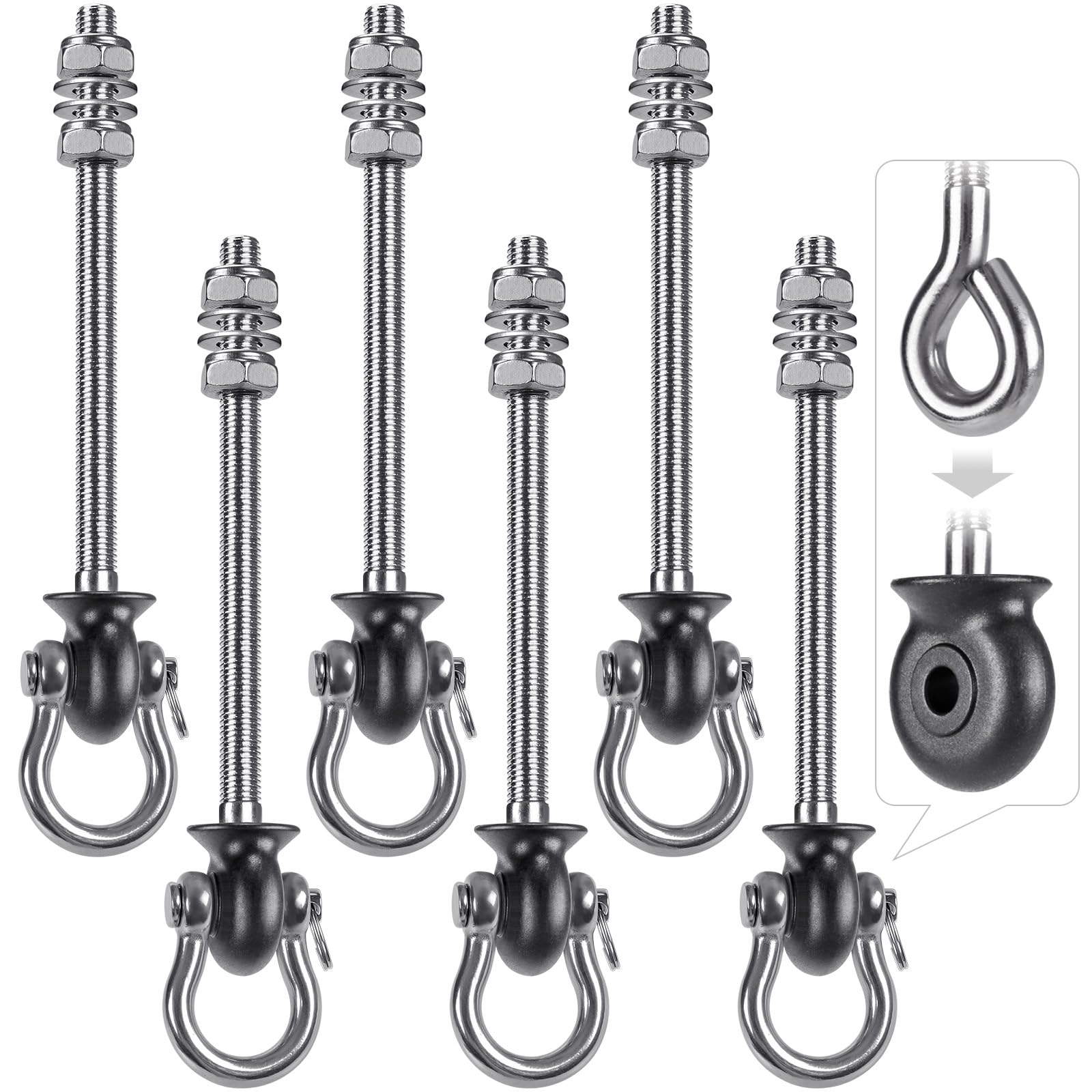Dolibest 6pcs Swing Hanger, 245mm Heavy Duty Hammock Hook M10 Hanging Chair Screw Eye Bolt Swivel Ceiling Beam Mounting Bracket for Yoga Rope/Aerial Hoop/Punching Bag/Sandbag, 1500lbs