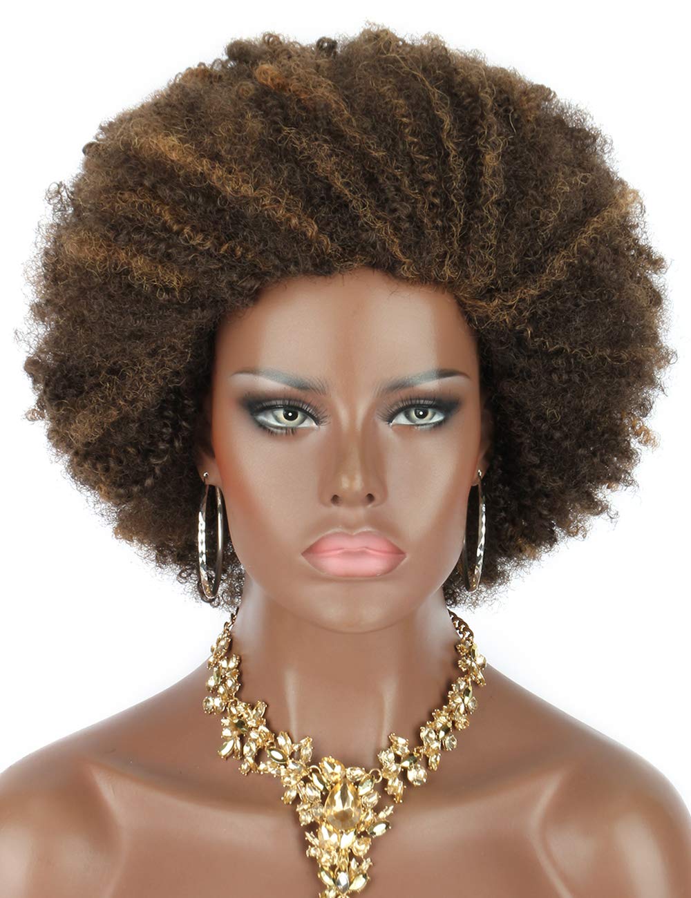 Kalyss Big Bouncy Full Thick Short Afro Kinky Curly Wigs for Black Women Brown Highlights Lightweight Synthetic Hair Wigs 150% Density Natural Looking Fluffy Hair Replacement Wig