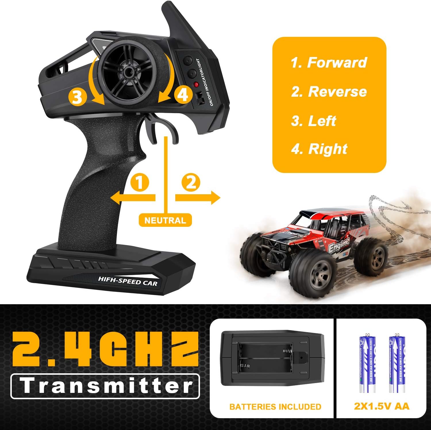 Remote Control Car, TREYWELL RC Cars Remote Control Truck, 2.4GHZ 1:18 Fast Racing Monster Car, Off Road Radio rc Cars for Boys with 4 Batteries for Kids Teens Adults Toys for 4,5,6,7,8,9,10 Years Old: Toys & Games