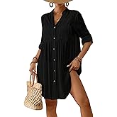 Bsubseach Women Beach Cover Ups V Neck Button Down Swimsuit Coverup Summer Swim Long Sleeve Cover Up Dress