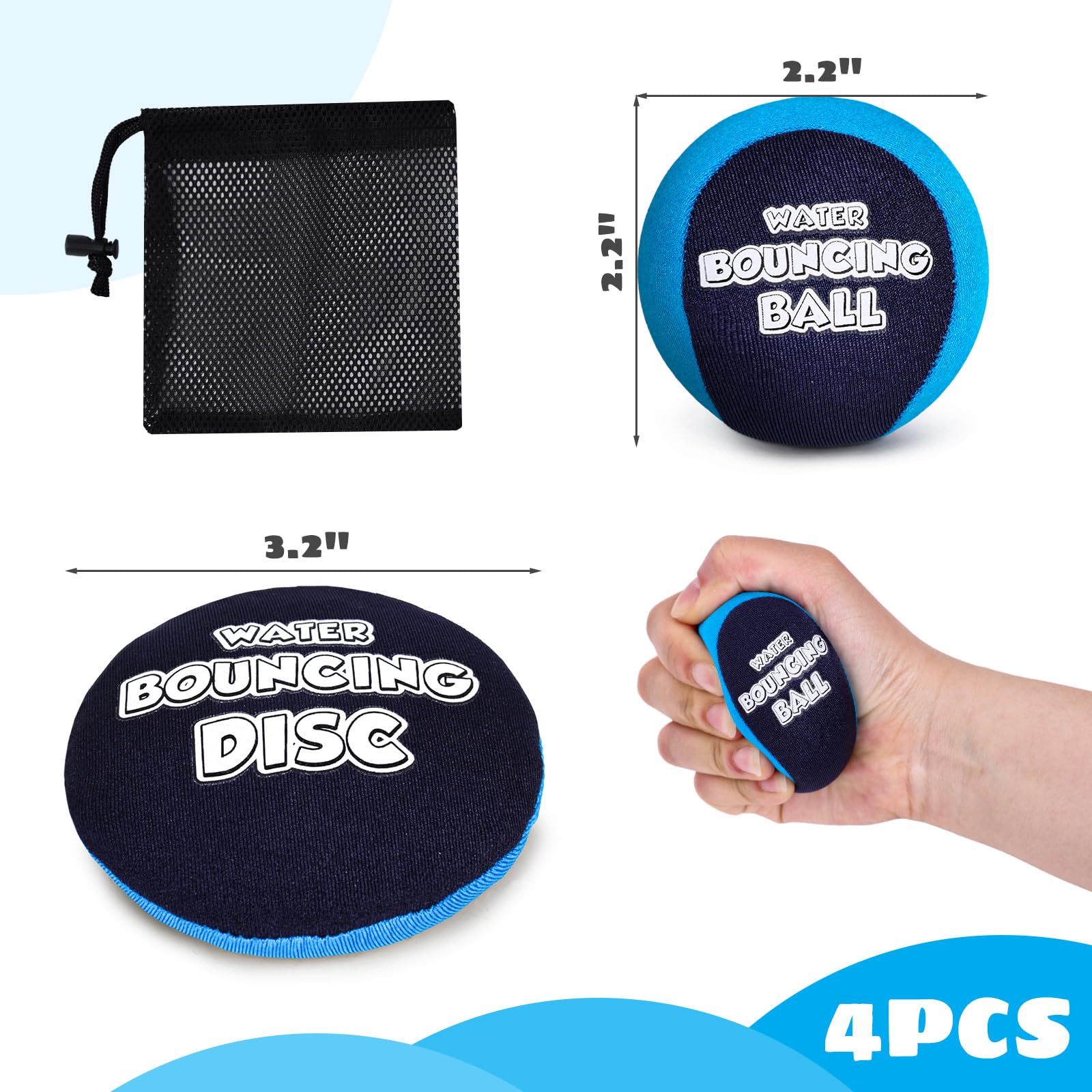 Shindel 2PCS Skip Balls with Skip Disc, Blue Water Bouncing Balls Water Skip Balls with Storage Bag for Swimming Pool Beach Toys Great for All Ages