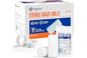 K KINGSTAR Sterile Gauze Rolls, 2" x 4.1 Yards, Conforming Stretch Gauze Bandage, Pack of 12, Firm Support for Dressings and Splints, Latex-Free First Aid Supplies Individually Wrapped with Bonus Tape