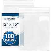 Spartan Industrial - 12" X 15" (100 Count) Crystal Clear Resealable Cello Poly Bags for Packaging, Clothing & T Shirts - Self Seal & Reinforced