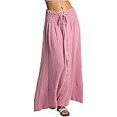 Amazhiyu Women's Summer Beach Crinkle Cotton Gauze Button-Front Slit Maxi Skirt