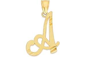 IFUNTECKY Ice on Fire Jewelry 10k Solid Real Gold Cursive Initial Pendant, English Alphabet A-Z Letter Charm with Diamond Cut (A)