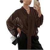 GORGLITTER Women's Chiffon Wrap Blouse Shirt Fall Business Casual Bishop Long Sleeve V Neck Tie Neck Work Office Top