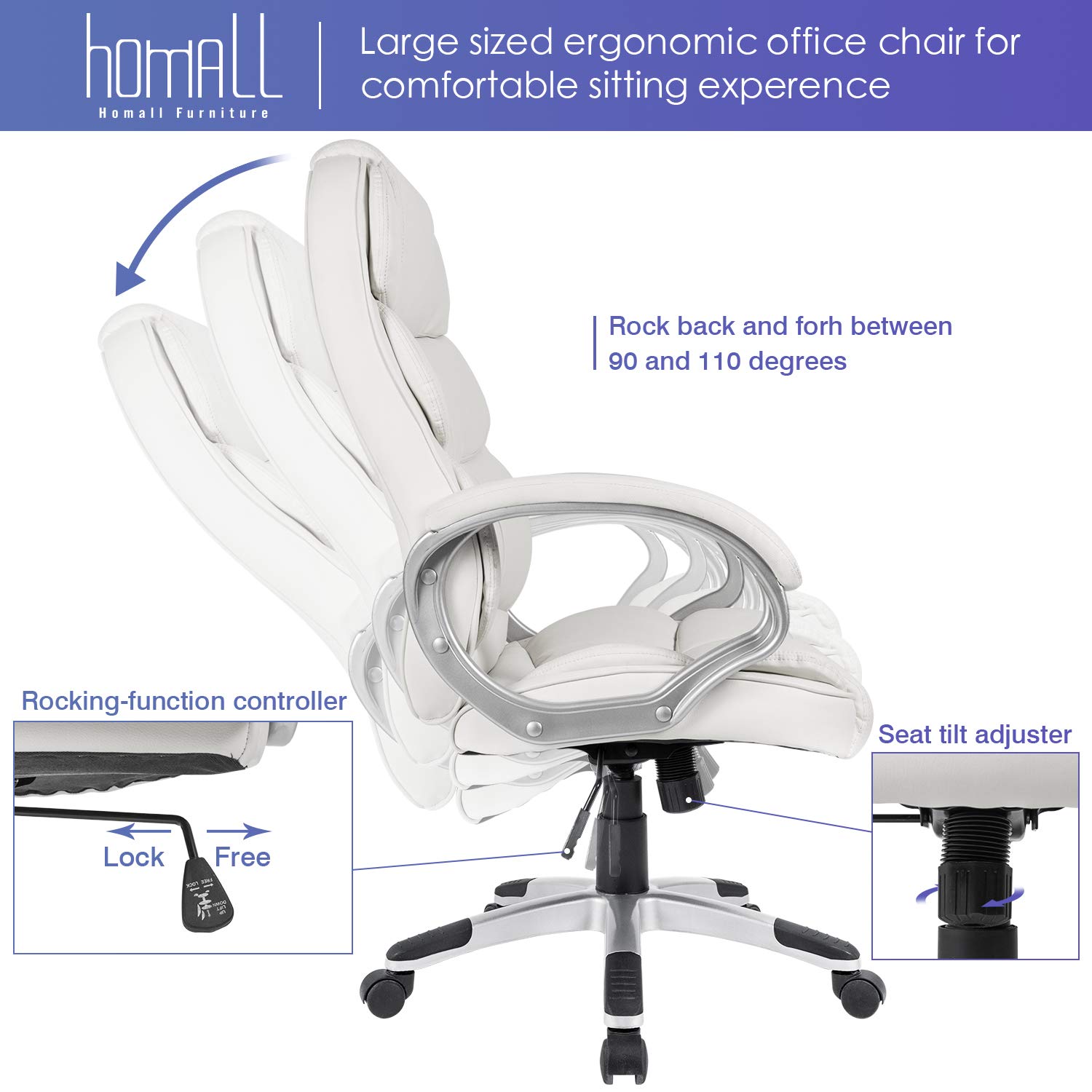 Homall Office Chair High Back Computer Desk Chair, PU Leather Adjustable Chair Ergonomic Boss Executive Management Swivel Task Chair with Padded Armrests (White)