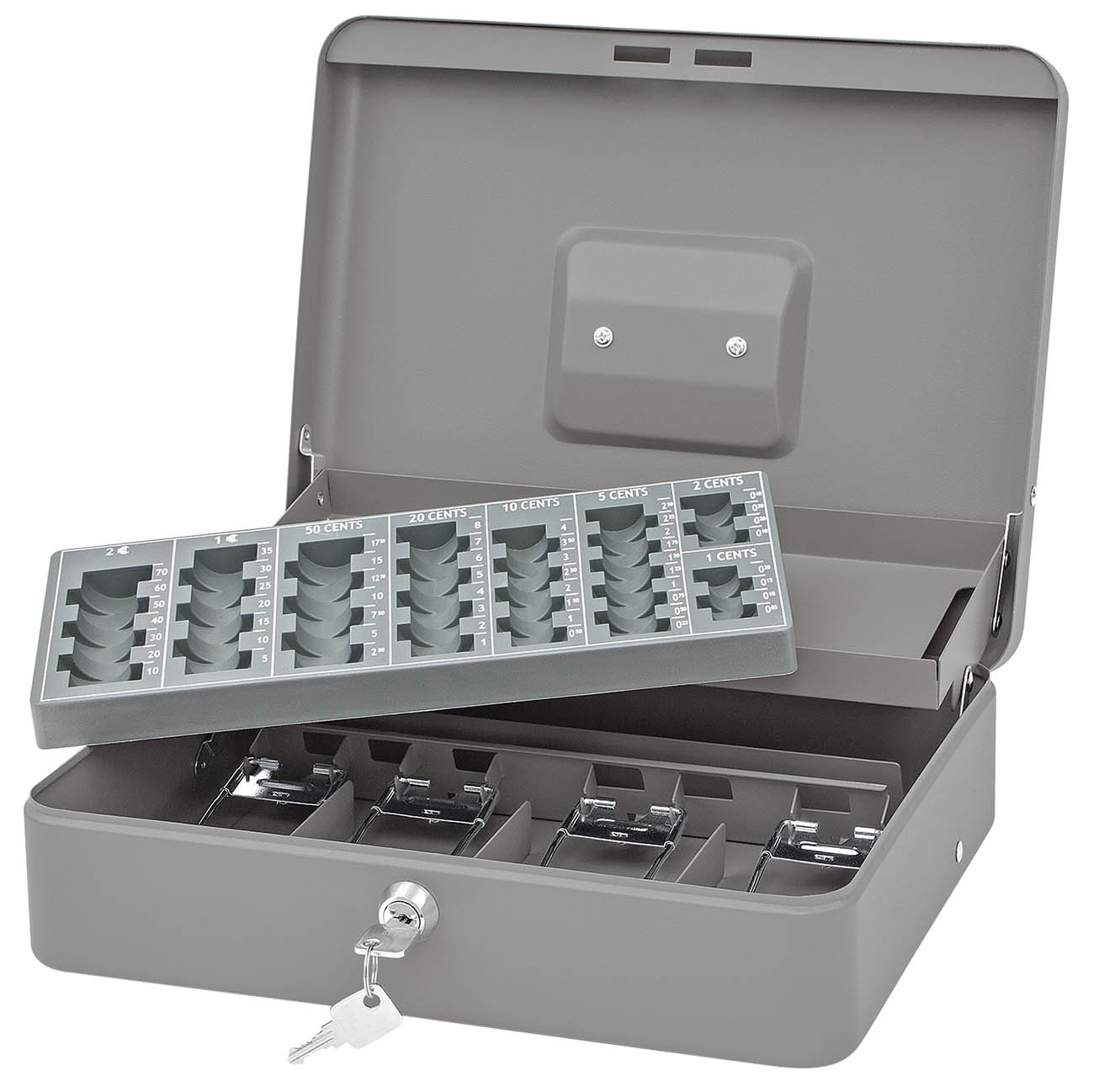 Wedo Standard Plus 149858012 Counter Box Capacity 137.60 Coins, Security Lock, 4 Compartment Insert for Notes, Carry Handle, 30 x 24 x 9 cm, Powder-Coated Sheet Steel, Grey