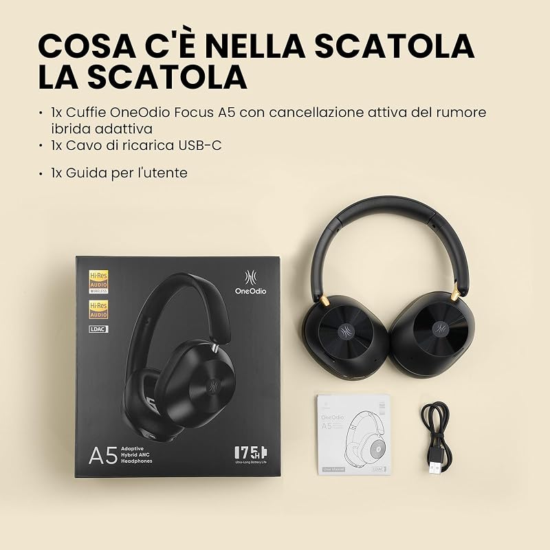 A5 Cuffie Bluetooth Over Ear Cuffie Con filo,Cuffie Over Ear Con Cancellazione Rumore Attiva Adattiva fino al 98%,LDAC Hi-Res Wireless Audio,Cuffie Wireless 75 Ore ANC Ibrida Nero